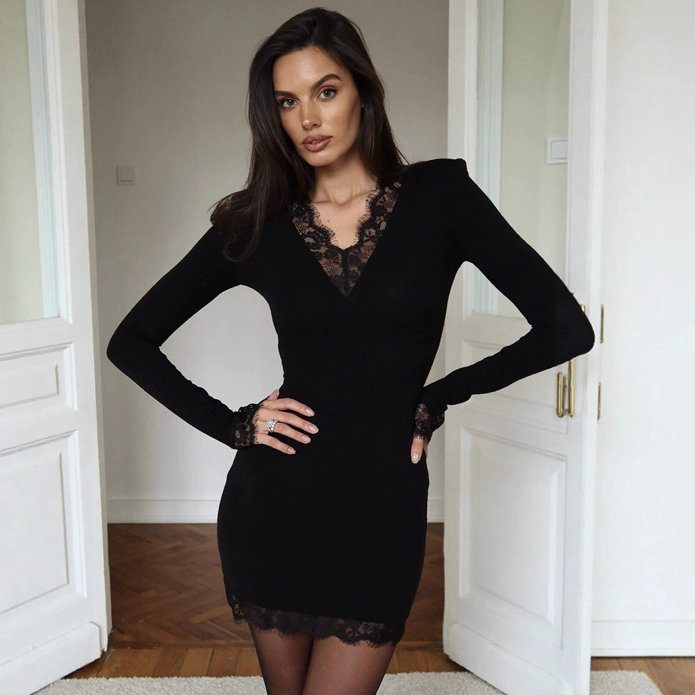Zara Spring Summer Solid Color Lace Patchwork V-Neck Long Sleeve Bodycon Dress